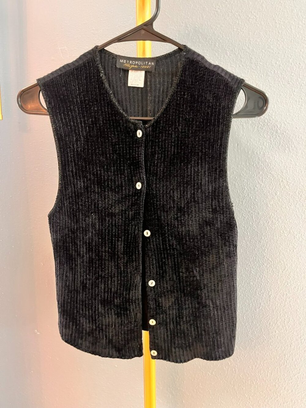 Vintage Metropolitan NY Chenille Knit Vest Medium M Black Button Up Ribbed 90s